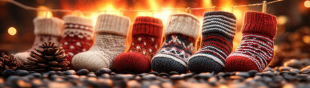 Embrace the magic of Christmas Eve with the cherished tradition of stockings hung by the fireplace This festive custom brings families together in anticipation of Santa's arrival, filling their hearts with joy and wonder as they eagerly await the treasures that will be found within their stockings AI Generativeの素材