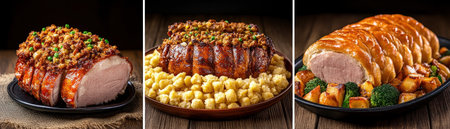 Indulge in a heartwarming family holiday feast featuring succulent roasted pork, savory traditional stuffing, and a medley of roasted vegetables and crispy potatoes This festive spread is perfect for creating lasting memories with loved ones Let this mouthwatering image inspire you to create your own holiday tradition AI Generativeの素材