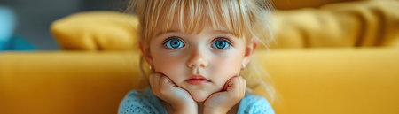 A captivating portrait captures a child's innocent curiosity against a vibrant yellow backdrop The child's bright blue eyes and warm aura are accentuated by the sunny background, creating a moment of wonder and pure joy This stunning photograph celebrates the beauty and innocence of childhood AI Generativeの素材