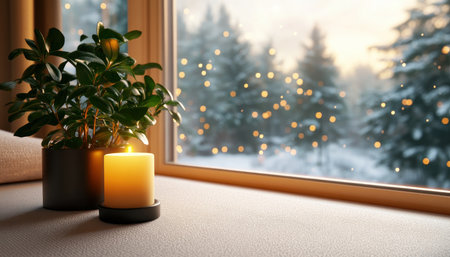 Imagine a windowpane frosted with winter's breath, candlelight casting warm glows, and a blurred forest landscape beyond This cozy scene evokes a sense of tranquility and warmth, inviting you to relax and escape the cold It's the perfect recipe for creating a comforting and inviting atmosphere in your home AI Generativeの素材