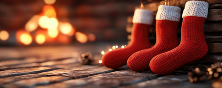 The flickering firelight dances across the stockings hung by the fireplace, casting a warm glow on Christmas Eve Anticipation for the morning's surprise fills the air, fueled by the cozy warmth and festive cheer This cherished tradition embodies the true spirit of Christmas AI Generativeの素材