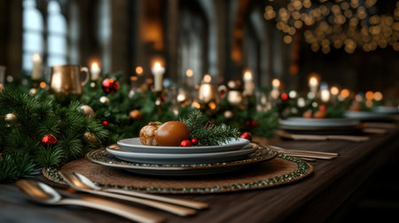 Create a magical Christmas Eve ambiance with an elegant table setting Soft candlelight illuminates festive greenery, creating a warm and joyful atmosphere for your holiday gathering Every detail, from sparkling ornaments to festive linens, invites cherished moments of celebration AI Generativeの素材