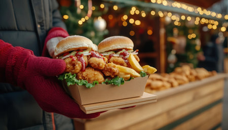Indulge in the festive flavors of a bustling Christmas market! Warm, delicious street food fills the air, inviting you to savor the season's tastes Festive lights and cheerful shoppers create a joyful atmosphere, making it the perfect place to enjoy the magic of Christmas AI Generativeの素材