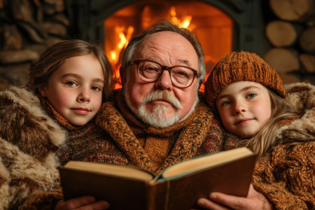 A heartwarming scene of holiday cheer unfolds as a grandfather reads to his granddaughters by a crackling fireplace Festive Christmas decorations adorn the room, creating a warm winter setting The family gathers, enveloped in the joy of Christmas traditions and creating lasting holiday memories AI Generativeの素材
