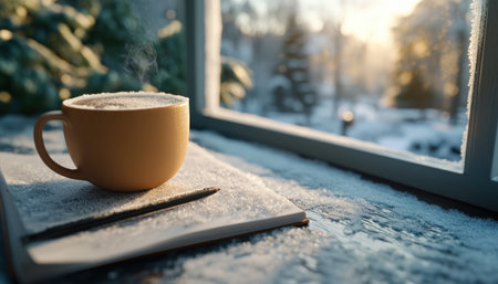 Imagine a cozy winter morning, the warmth of a steaming drink in your hand You're nestled by a frosted window, gazing at a picturesque winter scene The gentle scent of coffee fills the air as you lose yourself in the pages of a good book It's pure winter bliss AI Generativeの素材