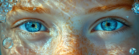 The image captures the innocence and energy of youth through a close-up of blue eyes submerged in sparkling water Natural light illuminates the clear vision and watery eyes, creating a sense of submerged beauty Water droplets cling to the eyelashes, highlighting the youthful gaze and oceanic depths AI Generativeの素材