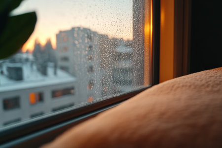 A cozy winter scene unfolds Warmth radiates from within, fogging the windowpane with condensation Outside, a frosty landscape shimmers in the cold The contrast is striking - the chill of winter met by the comfort of home A beautiful reminder of the simple joys of the season AI Generativeの素材