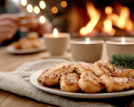 A warm fireplace crackles, casting a cozy glow on a family gathered for Christmas Laughter and joy fill the air, surrounded by traditional festive decor Loved ones share delicious treats and cherished memories, celebrating the holiday season with warmth and love AI Generativeの素材