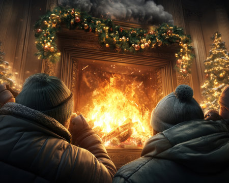 A heartwarming scene of a family gathered around a crackling fireplace, bathed in the warm glow of festive Christmas decor Laughter, love, and togetherness fill the air, creating a picture-perfect moment for holiday cards and social media It's a celebration of the season, capturing the essence of family and cherished AI Generativeの素材