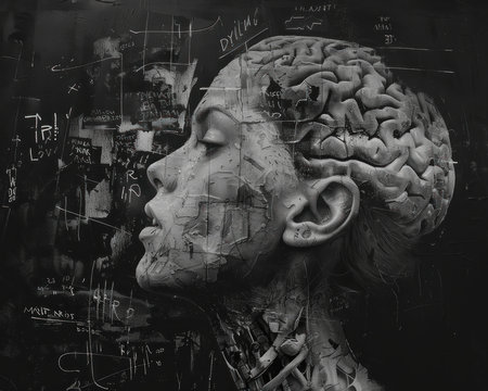 A captivating black and white chalkboard illustration reveals the enigmatic connection between dreams and the human mind A woman's face is intricately sketched, with a brain subtly overlaid, creating a mesmerizing visual Scribbles and text add a touch of depth and mystery to the piece, leaving viewers to ponder the AI Generativeの素材