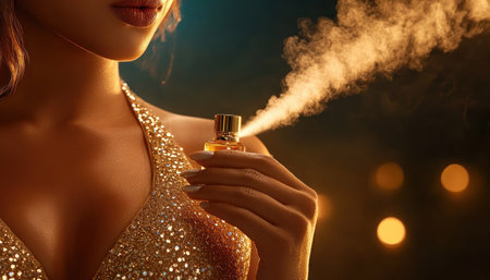 A captivating image of elegance and luxury unfolds An exquisitely dressed woman, radiating sophistication, stands poised, a delicate perfume bottle in hand As she gracefully mists herself, a cloud of intoxicating fragrance fills the air, enhancing her already striking presence This moment captures the essence of refined style and the AI Generativeの素材