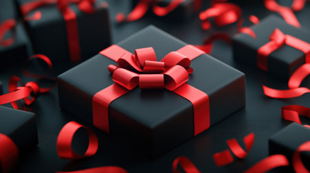 Elevate your gift presentation with elegant red ribbons, artfully folded into intricate shapes This stunning wrapping technique adds a touch of sophistication perfect for birthdays, anniversaries, and other special occasions Impress your loved ones with a gift that's as beautiful to open as it is to receive AI Generativeの素材