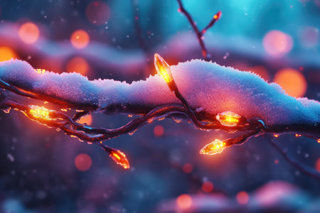 As the sun dips below the horizon on the Winter Solstice, a warm, enchanting glow bathes the landscape Snow-laden trees stand silhouetted against the fiery sky, their icy branches reaching for the fading light A breathtaking scene of winter's ethereal beauty AI Generativeの素材