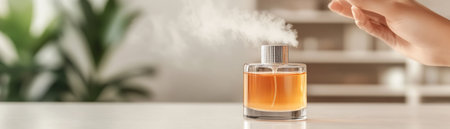 In a haven of luxury, an elegant woman gracefully applies perfume, each drop a testament to her sophisticated taste The air hums with the intoxicating scent, a sensory symphony of refined aromas that envelop her in a cloud of allure This is a fragrance experience that exudes chic and confidence, AI Generativeの素材
