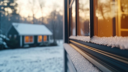 A frosty windowpane, a canvas of condensation, reveals the stark contrast of winter Warmth inside battles the frigid air outside, creating a breathtaking spectacle of nature's artistry Frozen landscapes stretch beyond the window, inviting you to embrace the cozy warmth of home A captivating interplay of light, frost, and condensation AI Generativeの素材