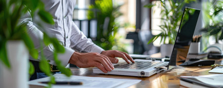 In a sleek, modern corporate office, a dedicated professional sits intently at his laptop, immersed in his work His focus is unwavering as he efficiently tackles tasks, demonstrating a commitment to excellence and productivity The image captures the essence of a dedicated employee thriving in a professional setting AI Generativeの素材