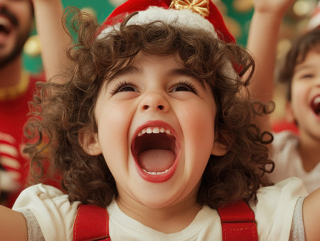 A joyous Christmas photo overflows with genuine laughter, capturing the spirit of family togetherness Warm smiles and infectious giggles fill the frame, showcasing the unbridled joy of holiday celebrations This heartwarming image encapsulates the true essence of Christmas: the love and laughter shared with loved ones AI Generativeの素材