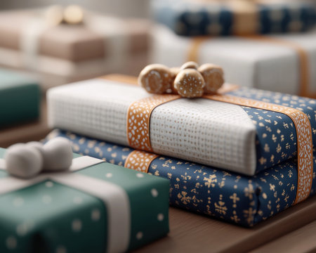 Elevate your gift wrapping with festive stamps! This unique wrapping paper features decorative holiday designs perfect for Christmas, Hanukkah, and New Year's Eve Add a personalized touch with these cheerful stamps, creating memorable and stylish gifts for your loved ones AI Generativeの素材