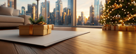 A modern home bathed in warm light, with a breathtaking city skyline view, is the perfect setting for your festive family Christmas photo Capture the joy of the season with cozy d cor, twinkling lights, and a tree overflowing with gifts Create a stylish and merry Christmas memory that will be AI Generativeの素材