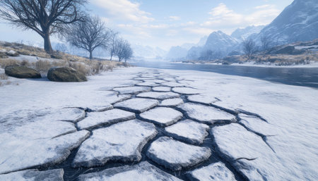 A frozen lake, its surface etched with jagged ice cracks, showcases the raw beauty of a winter wonderland The frigid air, biting with frostbite-inducing temperatures, has sculpted the ice into breathtaking fractures This stark landscape captures the essence of a frozen world, where nature's power is both awe-inspiring and chilling AI Generativeの素材