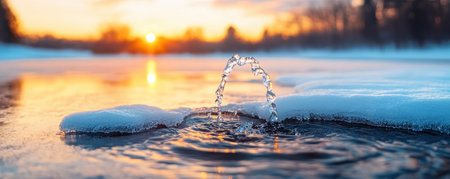 A frozen lake shimmers with delicate, fragile ice at sunset The golden light paints the landscape with warmth, casting long shadows across the pristine surface Nature's icy beauty is captured in this stunning winter scene, where water transforms into a delicate layer of frozen perfection AI Generativeの素材