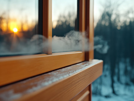 A frosty windowpane captures the fiery hues of a setting sun, its delicate frost patterns a testament to the cold air outside Warmth from within creates condensation, transforming the glass into a canvas for nature's artistry This winter scene, perfect for photography, evokes a sense of cozy solitude and the AI Generativeの素材