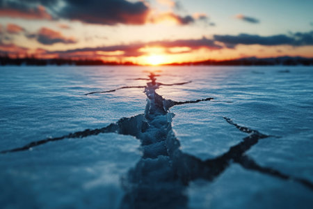 A frozen lake at sunset, its surface cracked and treacherous, warns of winter's harsh grip The air is frigid, posing a threat of frostbite Despite the danger, the scene is breathtaking - a stunning winter landscape with beautiful sunset hues reflecting on the frozen water Ice patterns and the cold AI Generativeの素材