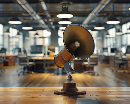 A crisp announcement echoes through the modern, open-plan office, its industrial loft style amplifying the message This is the pulse of the workplace, where news, updates, and job opportunities are delivered with efficiency The PA system, a vital tool for communication, fosters collaboration and a strong corporate culture, ensuring everyone AI Generativeの素材