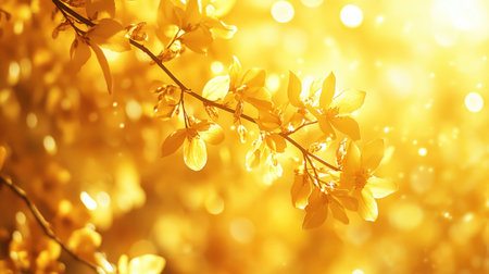 A luminous yellow backdrop illuminates delicate branches bathed in golden sunlight, a symphony of spring's vibrant hues The scene captures the essence of youthful innocence and joy, radiating a pure and uplifting aura, a visual testament to the season's rebirth AI Generativeの素材