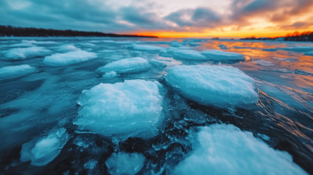 The sun dipped below the horizon, casting a fiery glow on the frozen lake A brittle layer of ice crackled underfoot, its thinness betrayed by the sharp bite of the air The scene, bathed in the fading light, was breathtakingly cold and beautiful AI Generativeの素材