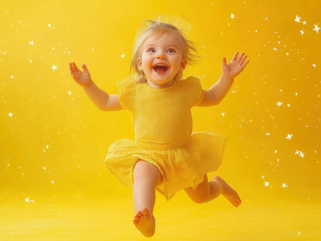 A child, a blur of pure joy, bursts across a vibrant yellow backdrop Their laughter echoes, a testament to untamed energy and innocent bliss Every step radiates the boundless enthusiasm of youth, capturing the essence of pure, unbridled happiness AI Generativeの素材