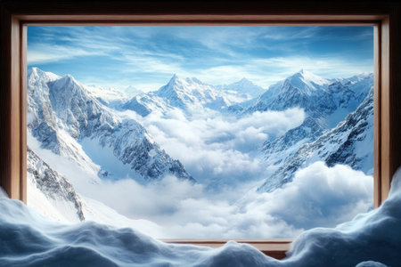 A frosted windowpane frames a breathtaking winter scene Snow-capped mountains rise majestically against a crisp, blue sky, their peaks dusted with fresh powder The icy landscape, captured in a photograph, evokes a sense of tranquility and awe AI Generativeの素材