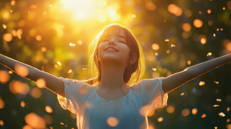 A young girl, her heart brimming with life and innocence, stands bathed in the warm glow of a summer sunset Her eyes sparkle with youthful energy and unbridled happiness, a vibrant reflection of the golden light that paints the sky The image captures the essence of carefree joy, a moment AI Generativeの素材