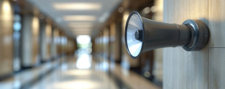 A sleek PA speaker, mounted on a hallway wall in a modern office building, seamlessly integrates communication into the dynamic workspace Delivering job updates and important announcements, the system ensures professional and timely dissemination of information, fostering efficiency and collaboration AI Generativeの素材
