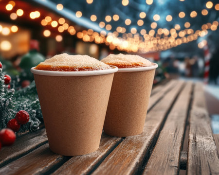 Immerse yourself in the magic of a bustling Christmas market, warmed by fragrant, spiced mulled wine in cozy cups Festive lights twinkle overhead as you soak up the holiday cheer amidst the festive decorations and bustling crowds The perfect winter drink for a magical Christmas experience AI Generativeの素材