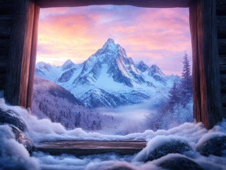 A breathtaking winter mountain scene unfolds through a frosted windowpane The cold air, capturing the beauty, frames a picturesque landscape The frosted glass adds a touch of magic to the scenic view, creating a captivating image perfect for landscape photography AI Generativeの素材