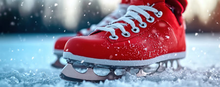 A captivating image captures the essence of winter sports Red ice skates glide across a frozen lake, their blades carving elegant patterns on the smooth, crystal-clear ice The skaters brave the biting cold, their breaths creating wisps of vapor against the stunning backdrop of a winter wonderland AI Generativeの素材