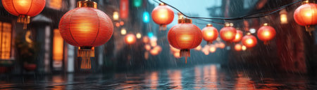 A tapestry of vibrant lanterns casts a magical glow on a rain-slicked street, transforming the ordinary into the extraordinary Festive lights illuminate the scene, celebrating Chinese New Year in a vibrant display of tradition and culture This captivating street photograph captures the spirit of celebration and the beauty of Asia's AI Generativeの素材