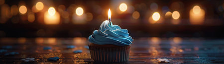A single blue cupcake, frosted with whipped cream and topped with a flickering candle, embodies the essence of celebration This delightful dessert, perfect for birthdays, anniversaries, or any special occasion, evokes joy, sweetness, and the warmth of shared moments with loved ones The blue frosting adds a touch of whimsy, AI Generativeの素材
