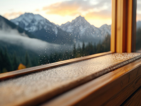 A frosty window pane frames a breathtaking winter scene Cold air whispers tales of the untouched landscape beyond Snowy peaks rise majestically, their white beauty accentuated by the crisp air A winter wonderland unfolds, a picturesque landscape frozen in time AI Generativeの素材