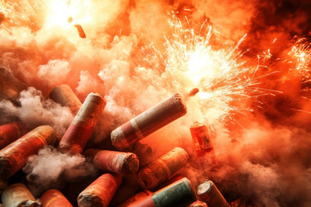 Experience the electrifying energy of a midnight festive celebration Capture the breathtaking spectacle of exploding firecrackers, illuminating the sky with bursts of light and color Witness the dazzling display of fireworks as they paint the night with their vibrant hues These images embody the joyous spirit of a new beginning AI Generativeの素材