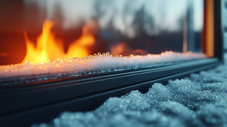 A warm fireplace glow spills through a frosty windowpane, painting a cozy winter scene Outside, a snowy wonderland shimmers under a cold sky Inside, the fire's warmth creates a haven of comfort, where the contrast of ice and fire paints a picture of winter beauty AI Generativeの素材