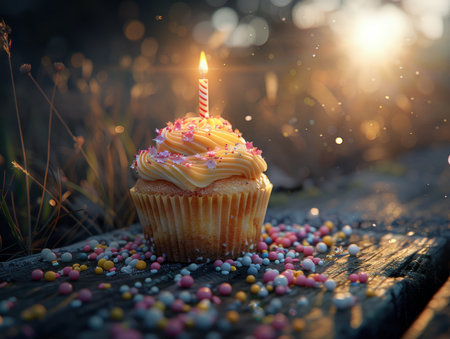 Celebrate life's milestones with a Single Candle Cupcake This delightful treat, adorned with a single flame, symbolizes hope, new beginnings, and joy Perfect for birthdays, special occasions, or simply a moment of happiness, it's a sweet and simple way to mark a special moment AI Generativeの素材