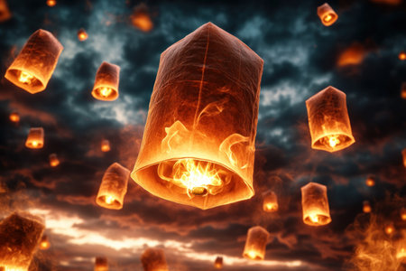 Embrace the magic of the Winter Solstice at a festival bathed in the glow of floating lanterns Celebrate the longest night of the year with warmth and light, as sky lanterns ascend, illuminating the sky in a breathtaking spectacle of hope and renewal Witness the magical release, a symbol of AI Generativeの素材