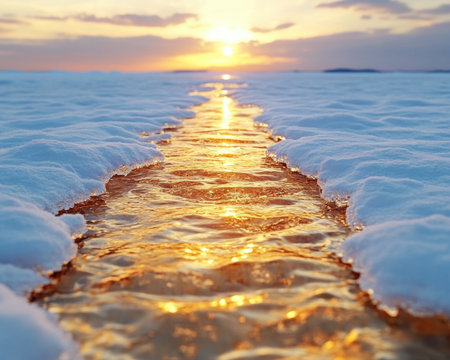 As the shortest day of the year draws to a close, the winter solstice sunset paints the sky with golden hues A frozen river mirrors the ethereal glow, reflecting the breathtaking beauty of nature This is a moment of quiet wonder, where the cold and the light collide in a AI Generativeの素材