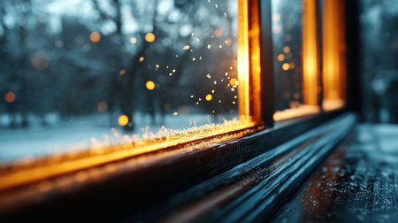 A cozy windowpane, frosted with intricate patterns, frames a winter wonderland Outside, snow blankets the landscape, while inside, the warm glow of lights creates a comforting ambiance This captivating photograph captures the essence of winter, showcasing the beauty of both the icy exterior and the warmth within AI Generativeの素材