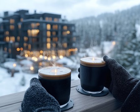 After a day conquering the slopes, unwind in a cozy ski resort Sink into plush seating by a crackling fire, and let the warmth chase away the chill Savor a steaming hot drink and relish the apr s-ski relaxation The perfect way to end a day on the mountain AI Generativeの素材