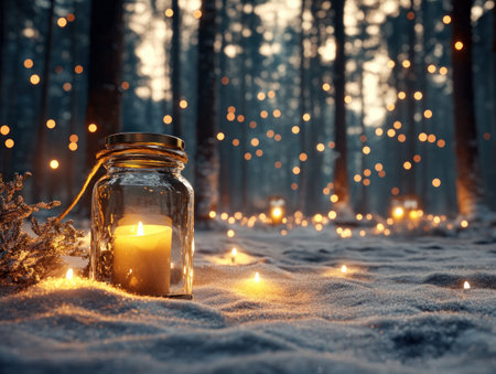 Celebrate the Winter Solstice with a magical display of glowing lanterns illuminating a snowy forest As the shortest day of the year marks a time of reflection and renewal, witness the flickering lanterns cast a warm glow, symbolizing hope and resilience for longer days ahead AI Generativeの素材