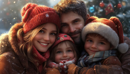 Celebrate the holidays with this heartwarming family photo, perfect for greeting cards! Capture the festive spirit with cozy smiles and cheerful warmth This beautiful portrait radiates holiday joy, ideal for sharing the magic of the season with loved ones AI Generativeの素材