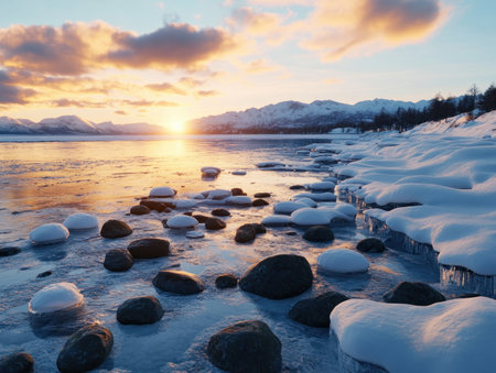 A frozen lake, bathed in the fiery hues of sunset, presents a breathtaking winter landscape Ice and snow blanket the scene, creating a harsh yet captivating beauty The icy air whispers of frostbite, adding a chilling edge to the tranquil tableau AI Generativeの素材
